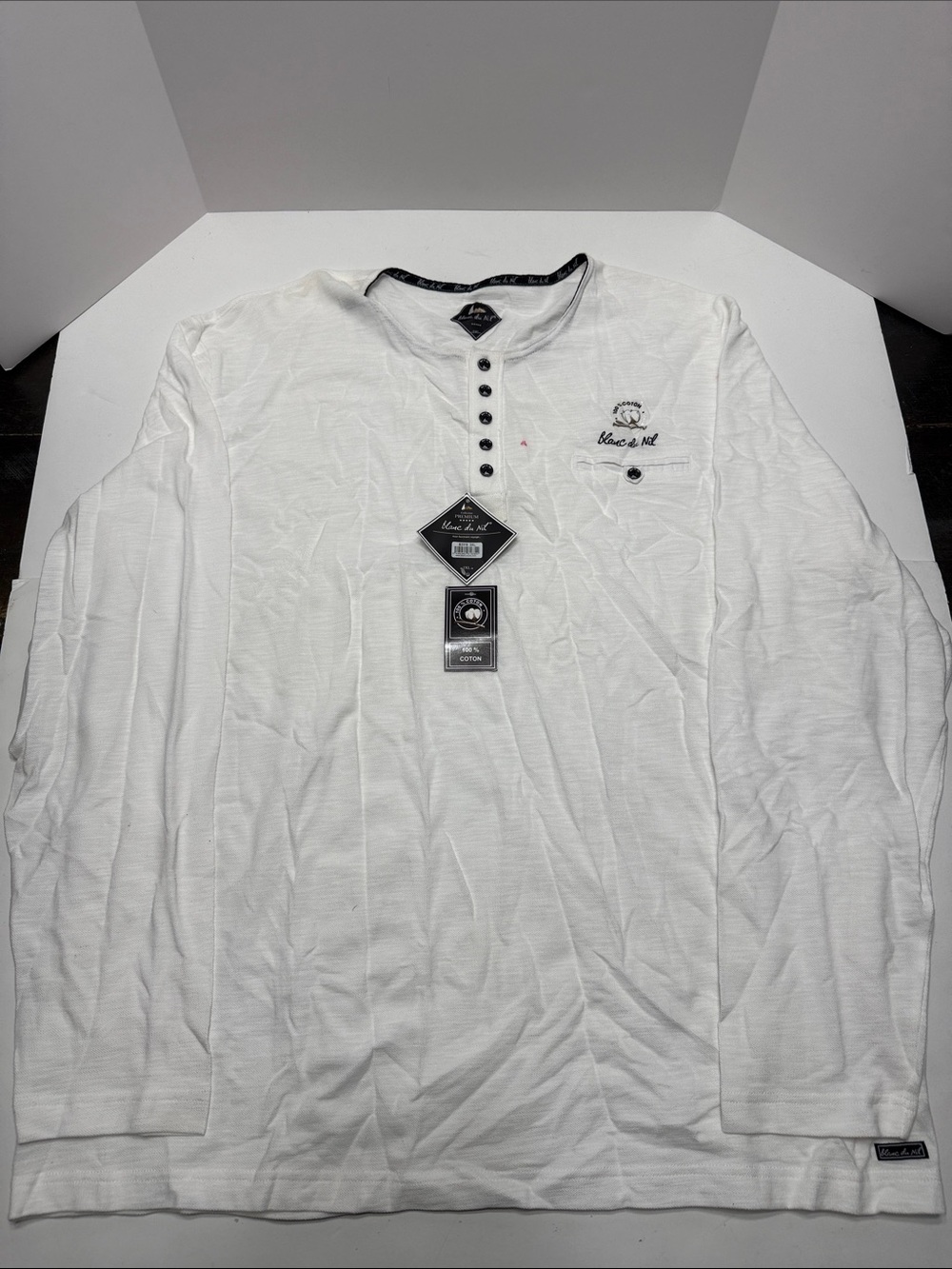 Marc & Mark White Long-Sleeve Henley Shirt with Chest Pocket